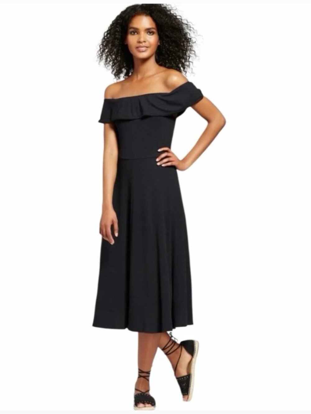 Who What Wear Off shoulder black stretchy cotton midi dress M